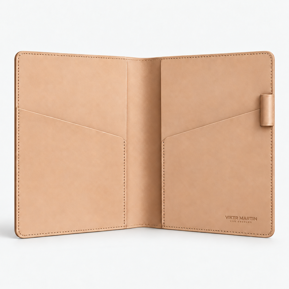 Margen A5 Leather Planner Cover - Natural — natural leather with VIKTR MARTIN LOS ANGELES wordmark, approximately 1.25 inches wide; illustrative development sample.