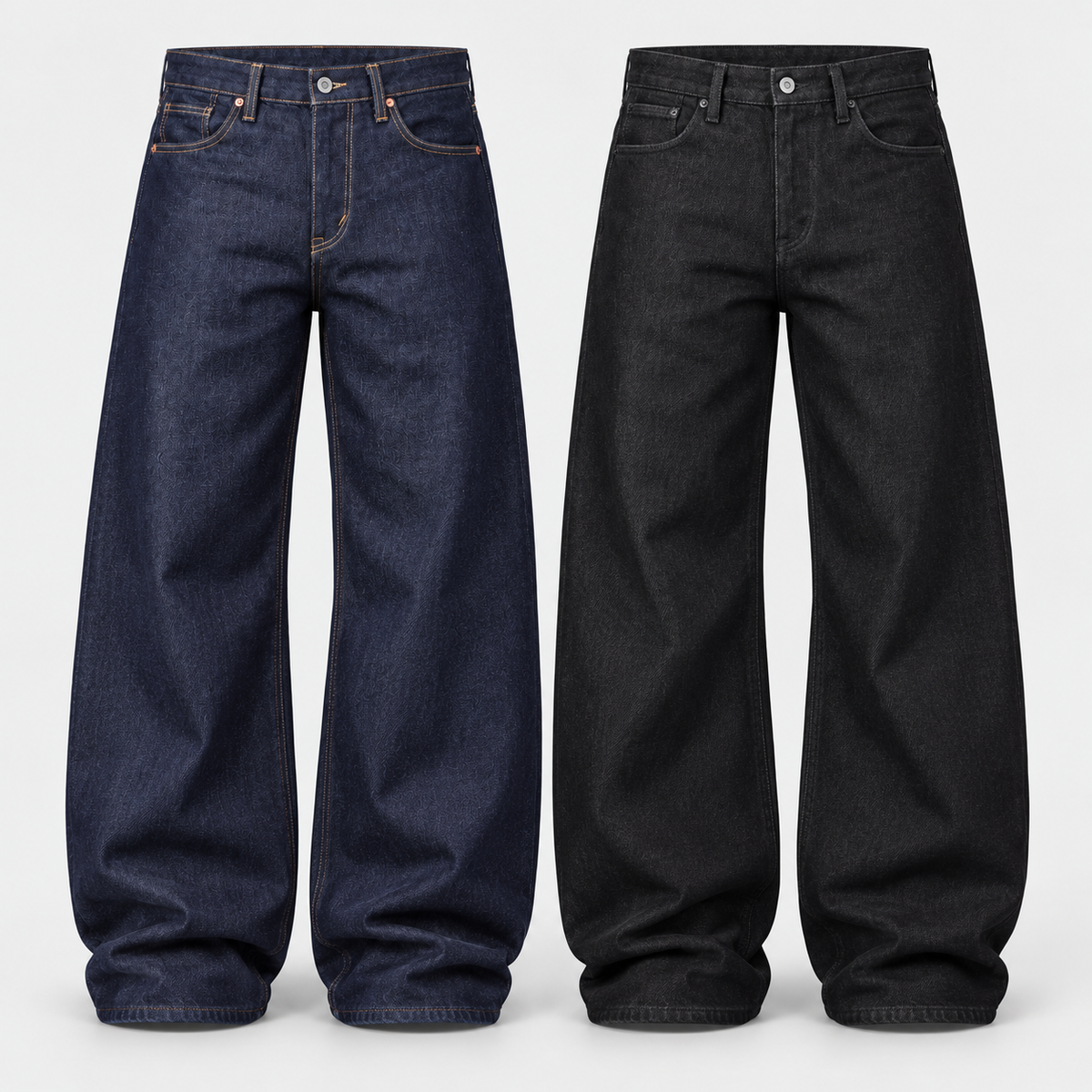 Martins Extra Baggy Selvedge Jeans in Raw Indigo and Black, front views