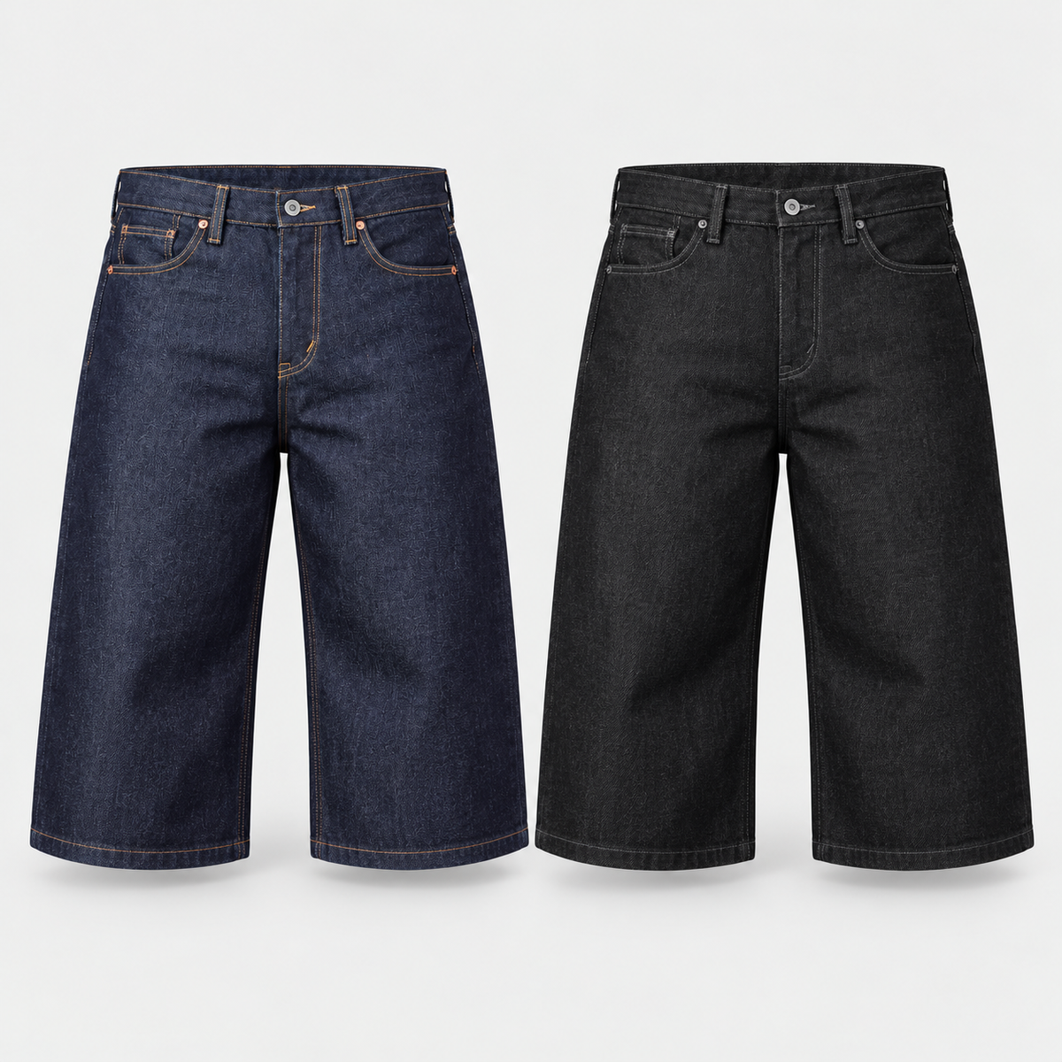Martins Oversized Baggy Selvedge Shorts in Raw Indigo and Black, front views