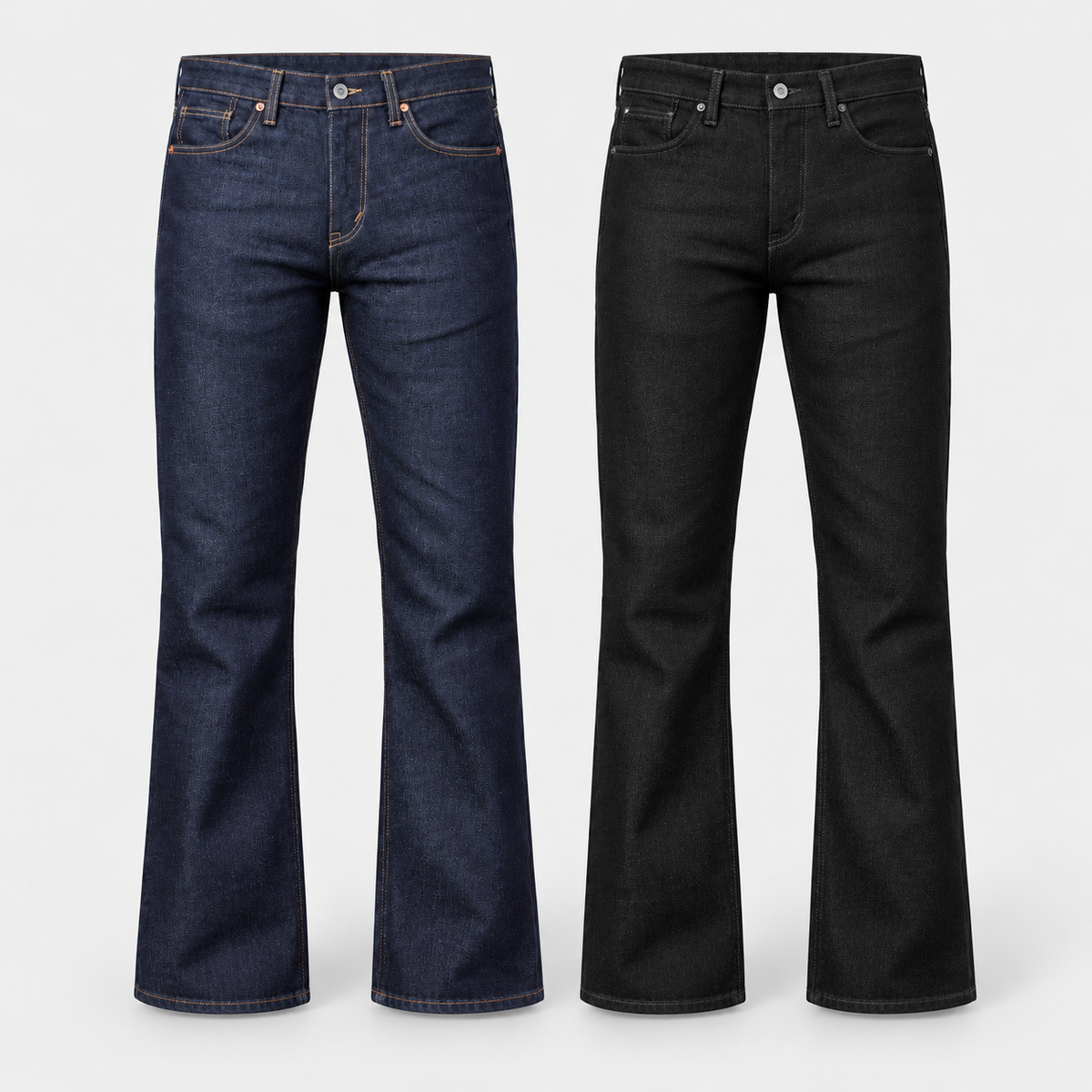 Martins Bootcut Selvedge Jeans in Raw Indigo and Black, front views