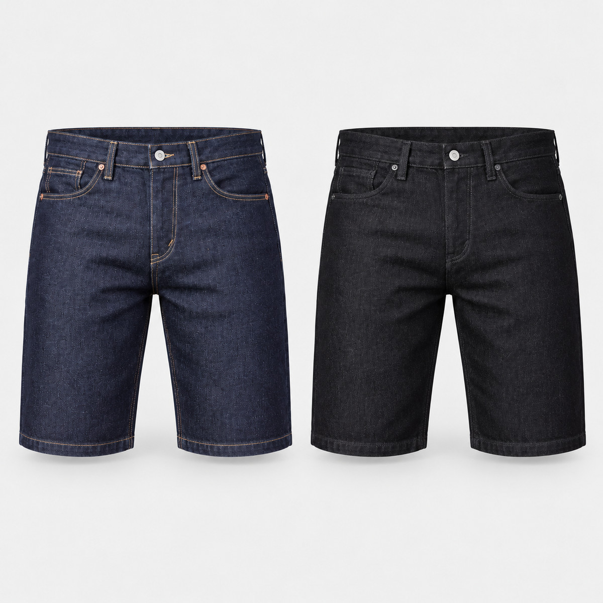 Martins Regular Selvedge Shorts in Raw Indigo and Black, front views