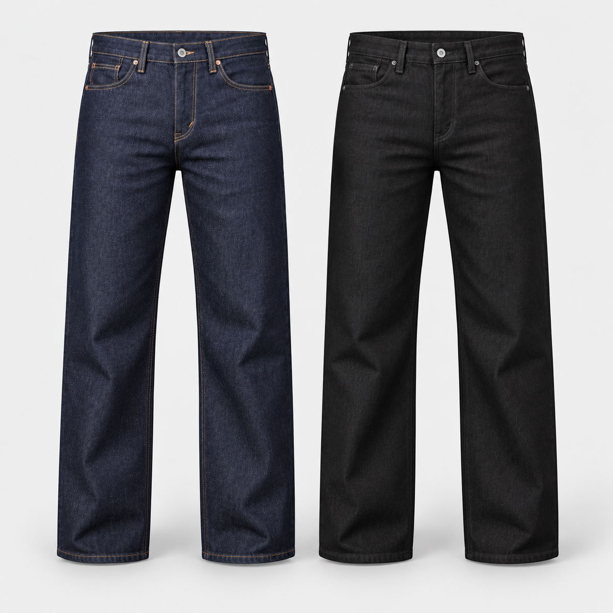 Martins Wide Leg Selvedge Jeans in Raw Indigo and Black, front views