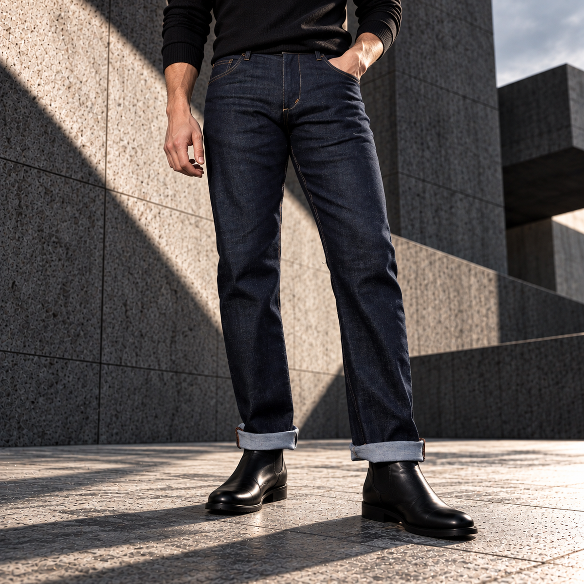 Martins indigo jeans with turned-up cuffs and black boots in a dramatic architectural editorial, face cropped out