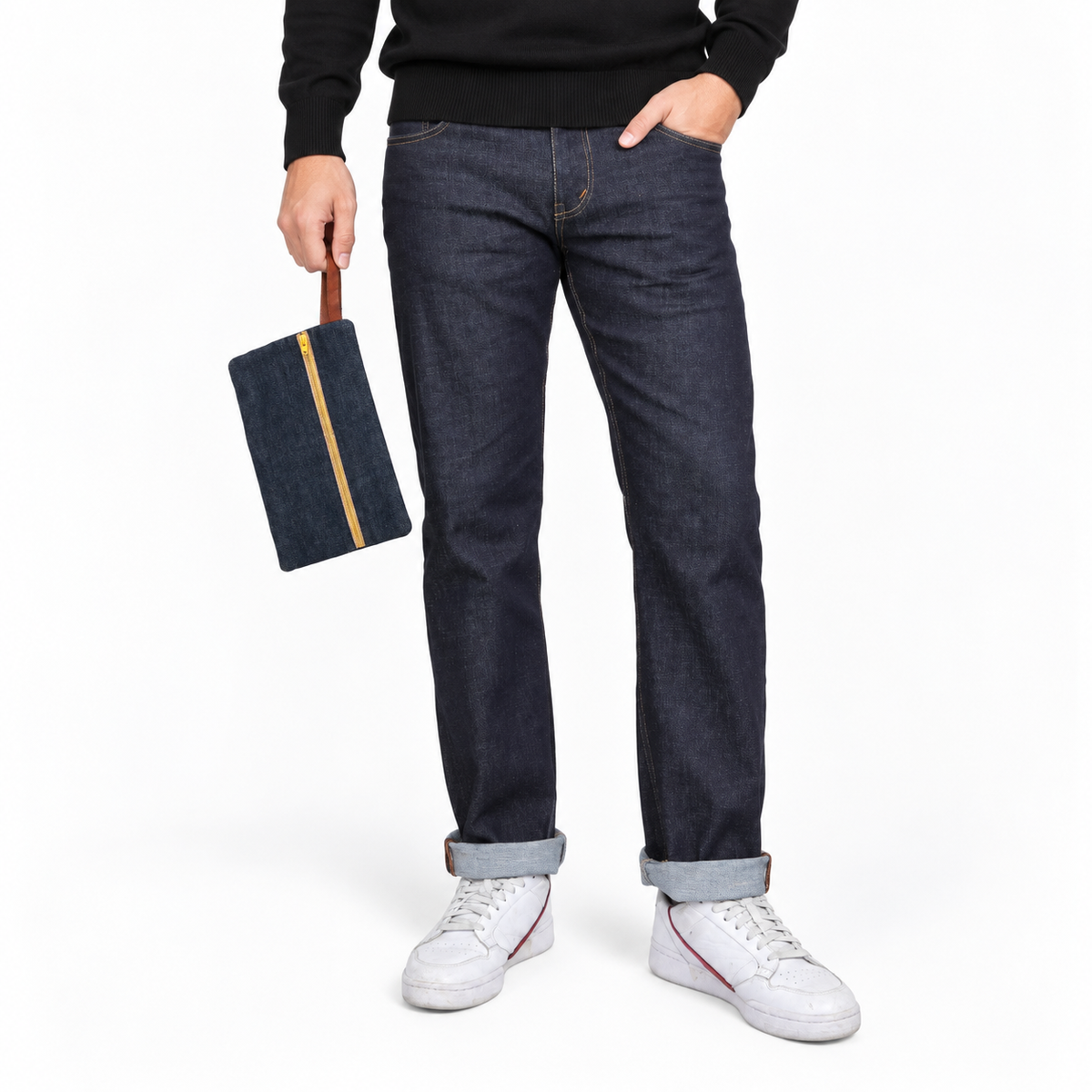 Selvedge Denim Pouch — Indigo — model view on a white studio background