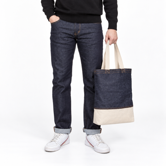 Biggie Denim Tote Bag — model view on a white studio background