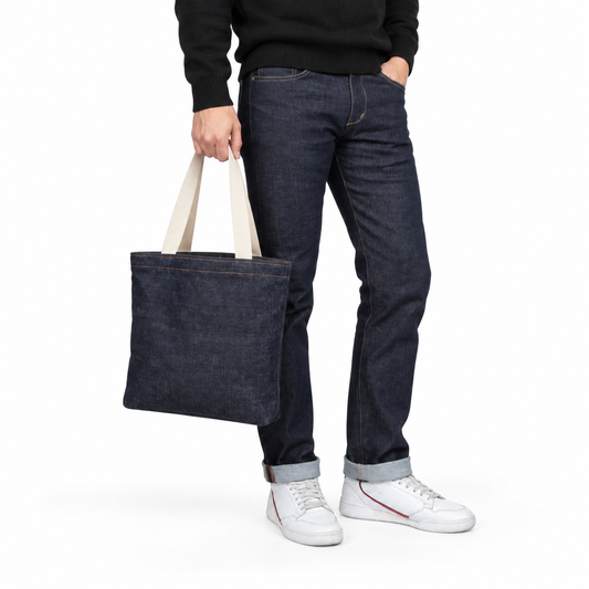 Denim Tote Bag — model view on a white studio background