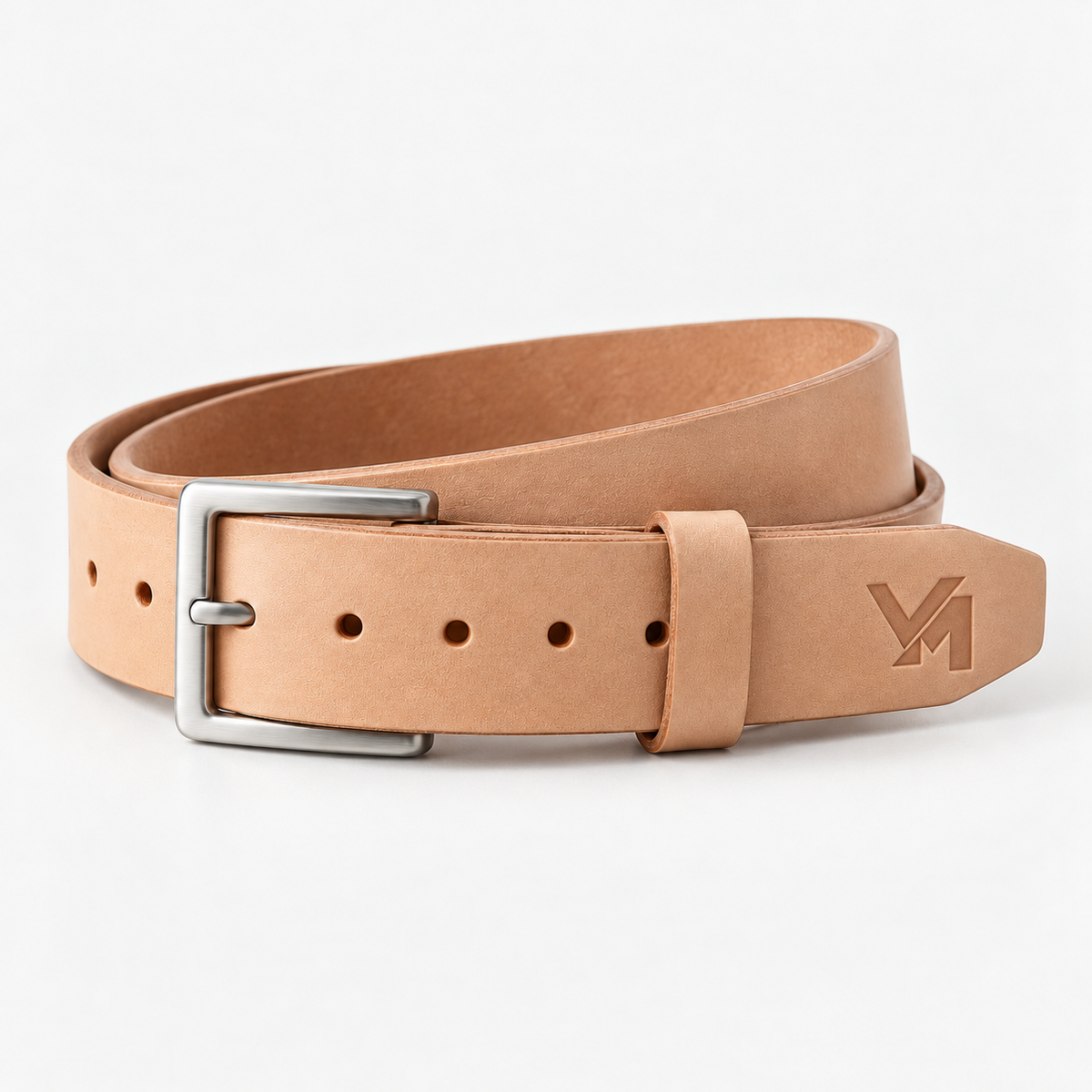 Linea Leather Belt - Natural — natural leather with VM monogram, approximately 0.75 inch wide; illustrative development sample.