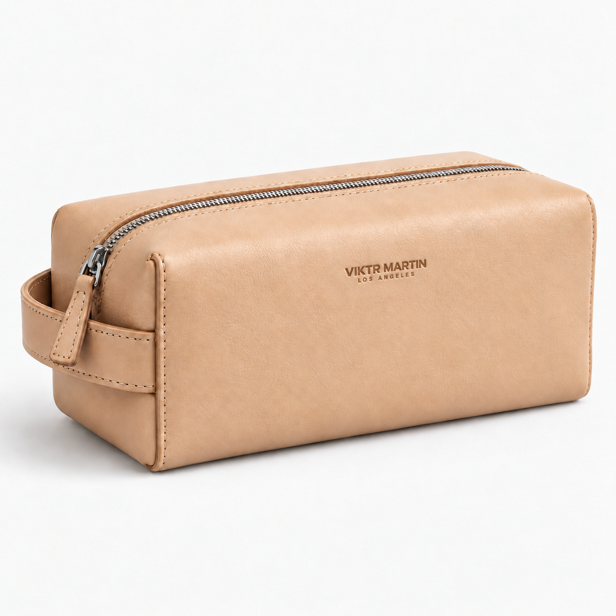 Doble Leather Dopp Kit - Natural — natural leather with VIKTR MARTIN LOS ANGELES wordmark, approximately 1.25 inches wide; illustrative development sample.