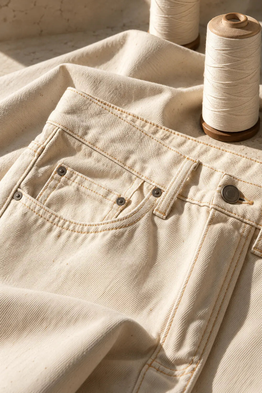 Natural denim and thread spools — editorial visualization