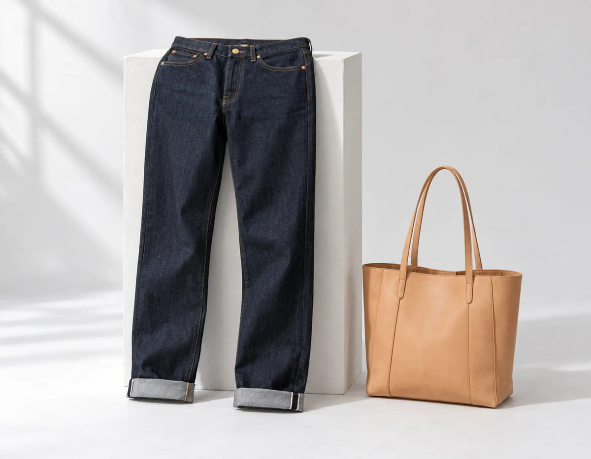 Raw indigo jeans with a natural leather tote — editorial visualization