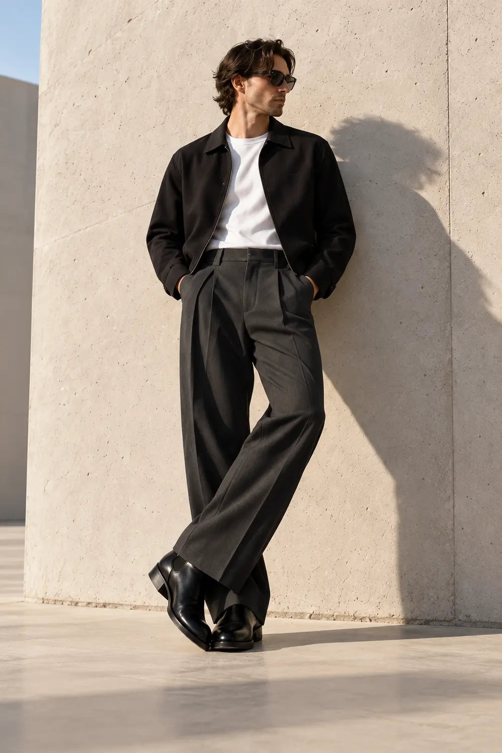 Black jacket and charcoal trousers — editorial visualization