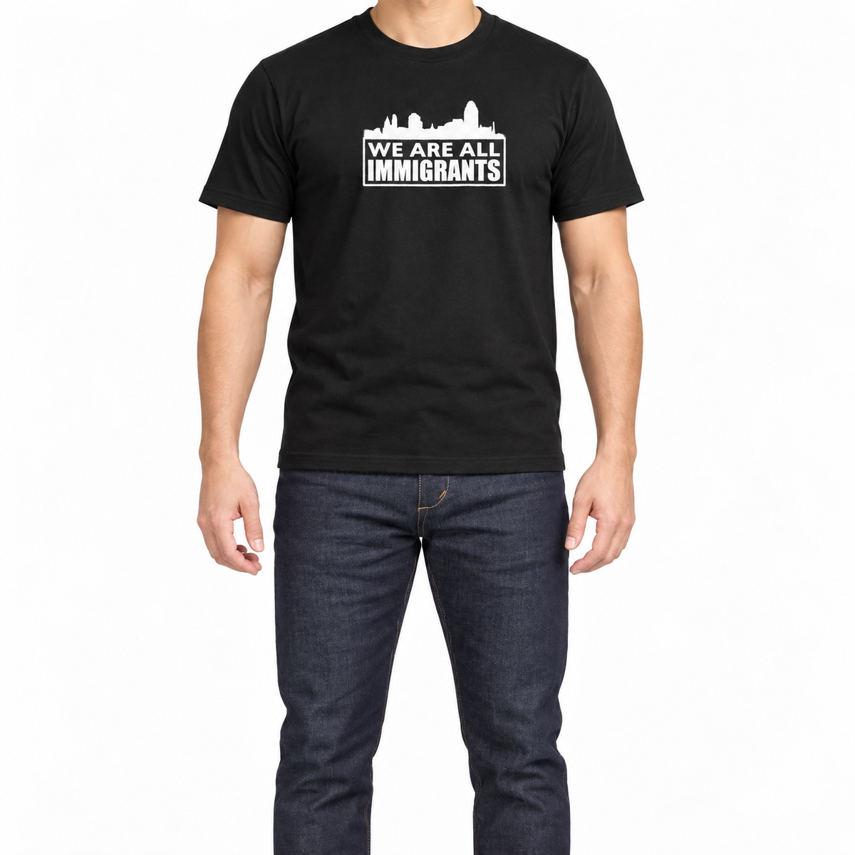 We Are All Immigrants T-Shirt — black with white print — model view