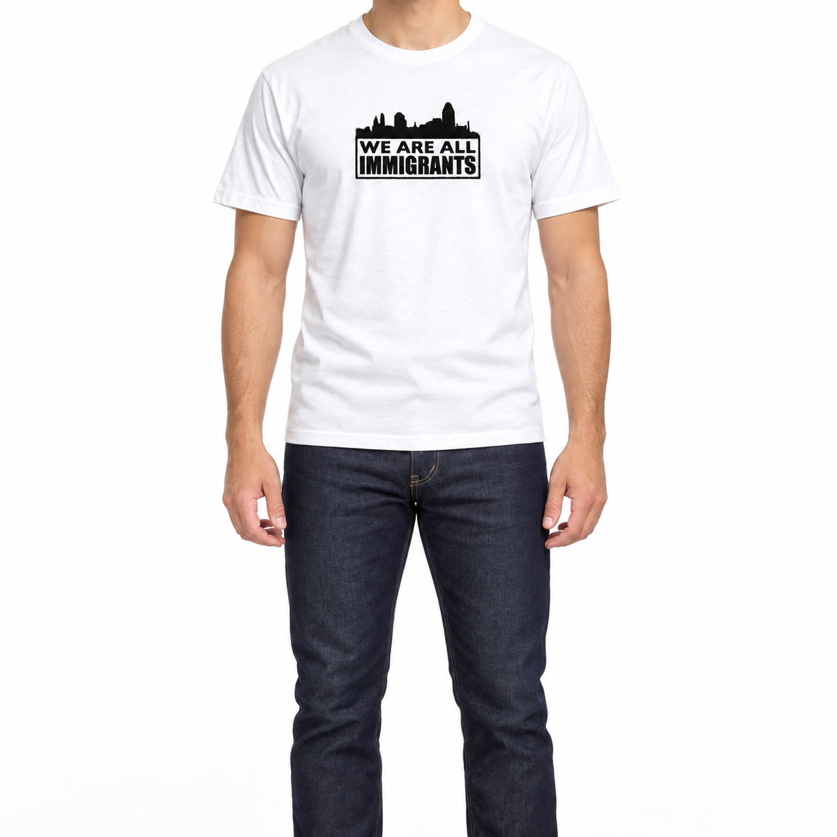 We Are All Immigrants T-Shirt — white with black print — model view
